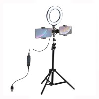 1.1m Selfie Ring Light Tripod Mount + 6.2"/16cm Dimmable LED Ring Light Dual-Phone Holder PKT3036