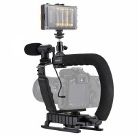 Camera Stabilizer w/ Fill Light & Mic & Cold Shoe Tripod Head For All SLR Home DV Cameras PKT3013