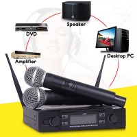 Professional UHF Wireless Microphone System Dual Channel Receiver + 2 Cardioid Microphone Black 