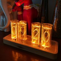 Glow Tube Clock LED Digital Solid Wood Tube Clock Adjustable Brightness Amber Color 4 Bit Tubes