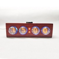 IN4 Glow Tube Clock Digital Nixie Clock LED Backlight Knob Operation Sandalwood Shell Square Type