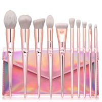 10pcs Professional Makeup Brush Set + Laser PU Bag For Powder Blush Foundation Highlight Eyeshadow