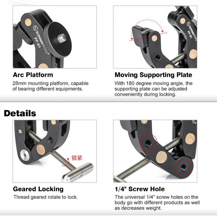 PF01 C Clamp Adjustable Locking Knob 1/4" Screw Hole For Ball Head