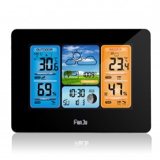 FanJu FJ3373 Weather Station Clock RF Wireless Weather Clock Color Screen Perpetual Calender Black