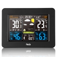 FanJu FJ3365 Weather Station Radio Wave Clock RF Wireless Weather Clock Perpetual Calendar Black