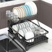 2-Tier Dish Drying Rack Stainless Steel Dish Drainer Detachable Organizer w/ Utensil Holder Cup Rack