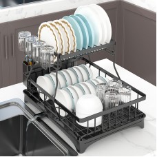 2-Tier Dish Drying Rack Stainless Steel Dish Drainer Detachable Organizer w/ Utensil Holder Cup Rack