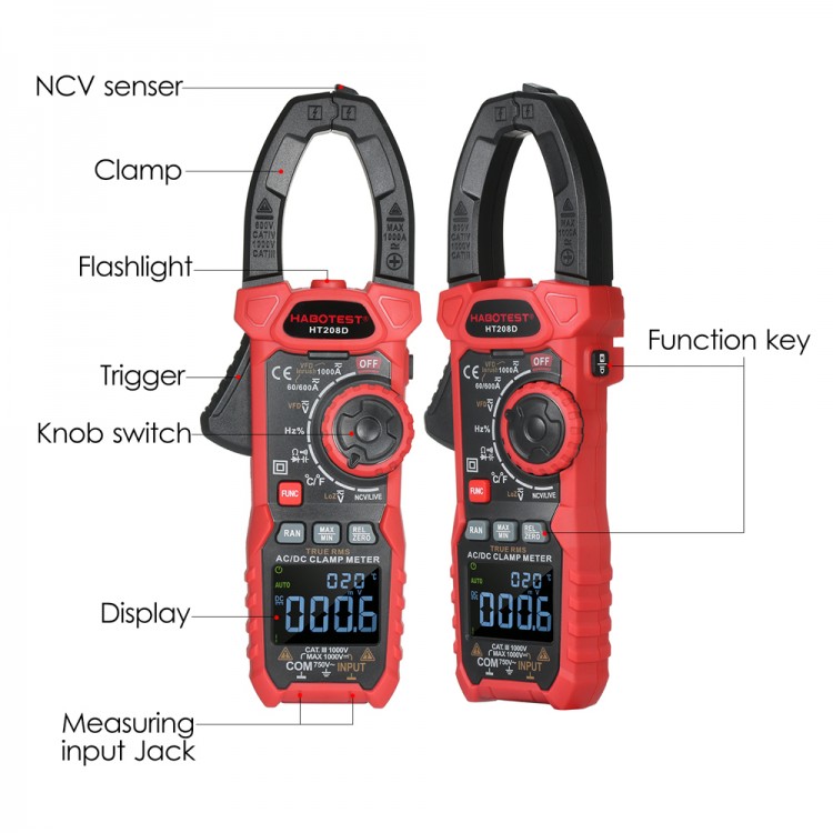 HT208D AC/DC Clamp Meter 1000V Digital Clamp Multimeter TRUE RMS Tests