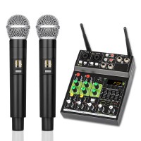 TZT R5 Pro Small 4CH Mixer PC Bluetooth Sound Card Reverb Adjustment with Two Wireless Microphones