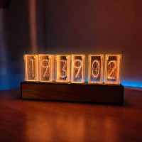 RGB Pseudo Glow Tube Clock Creative E-sports Room Bedroom Decoration with Walnut Metal Frame