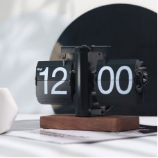 Automatic Flip Clock Desktop Clock Digital Clock w/ Frosted Body Black Number Card Black Walnut Base