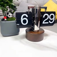 Automatic Flip Clock Desktop Digital Clock European Style Decoration Wooden Base Black Number Card