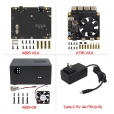 X825 V2.0 2.5 Inch SATA HDD/SSD Expansion Board + X825-C8 Case + X735 V3.0 + 5V 4A Power Adapter