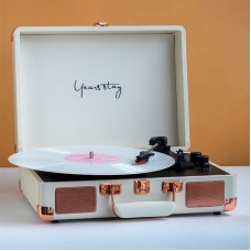 Bluetooth Vinyl Record Player with Speakers 3 Speeds (Pearl White) for 7" 10" and 12" Vinyl Records