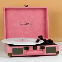 Bluetooth Vinyl Record Player with Speakers 3 Speeds (Pink) for 7" 10" and 12" Vinyl Records