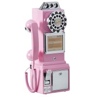 American 1950's Retro Payphone 3 Slot Payphone Wall-Mount Desktop Corded Phone (Pink) with Coin Bank