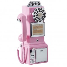 American 1950's Retro Payphone 3 Slot Payphone Wall-Mount Desktop Corded Phone (Pink) with Coin Bank