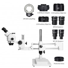 3.5X-180X Simul-Focal Double Boom Stand Trinocular Stereo Zoom Microscope 144-LED Ring Light