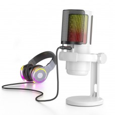 White GAM-ME6P Professional Live Broadcast Microphone with RGB Light Effects for Gaming USB Computer Recording