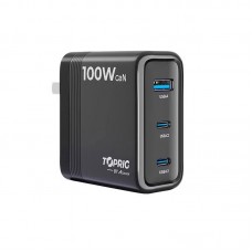 TOPRIG PD100W 3-Port Fast Charger GaN Charger with Foldable Prongs for Phones Laptops and Tablets
