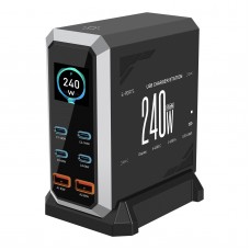 240W GaN Charger 6-Port USB Charger Station (Black) with Dynamic Display Screen for PC Smartphones