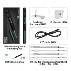 T90B (T245 Tip) Portable Intelligent Soldering Iron IPS LCD Screen 18-140W Soldering Pen with PD 140W Adapter + T245-K/I/IS Tips