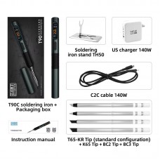 T90C (T65 Tip) Portable Intelligent Soldering Iron IPS LCD Screen 18-130W Soldering Pen with PD 140W Adapter and T65-KU/BC2 Tips