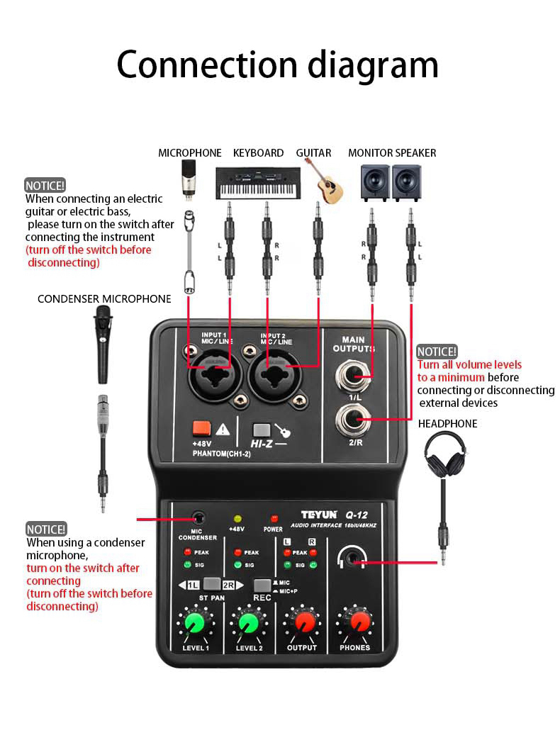 TEYUN Q-12 Professional Computer Recording Sound Card 16Bit 48KHz Audio ...
