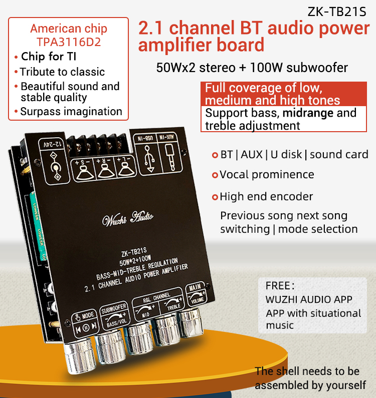 ZK-TB21S Bluetooth 50*2+100W 2.1 Channel Power Amplifier
